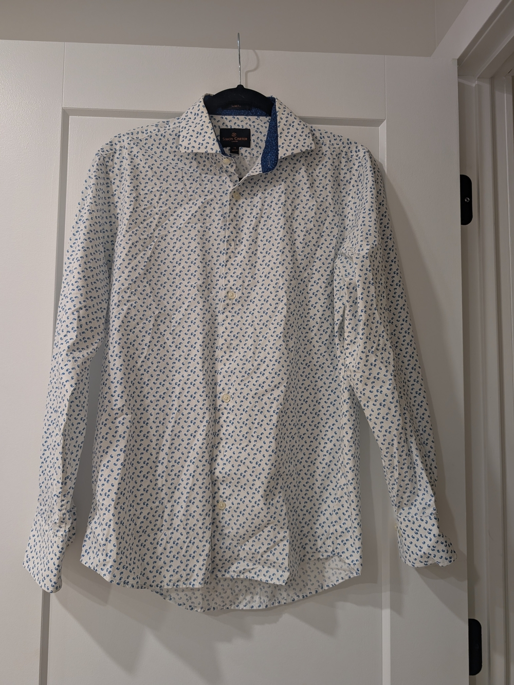 Men's White Dress Shirt with Blue Micro Print - Unknown Brand